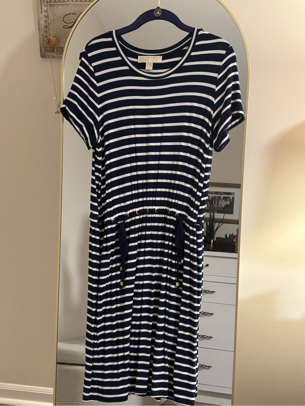 Michael Kors Navy and White Striped Drawstring Waist Casual Dress